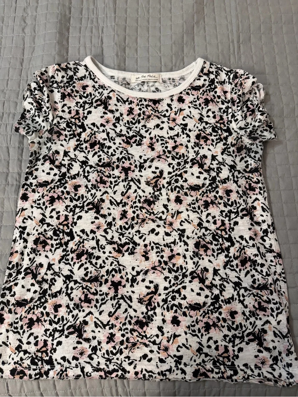 Free People White Short Sleeve Tee with Pink and Black Floral Print